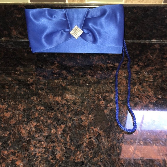 Royal Blue Satin Wristlet / Clutch With Rhinestones - Picture 3 of 5
